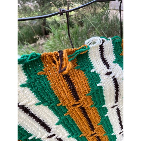 Vintage 1970s Crochet Afghan Blanket Green Brown & Cream Stripes  74x59 - Picture 10 of 14